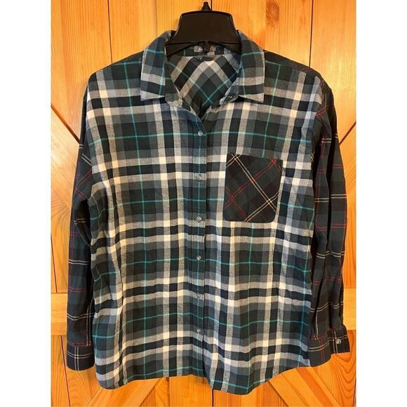 EDDIE BAUER Boyfriend Fit Flannel Shirt Button Up Green Plaid Women's Size Large - Picture 1 of 5